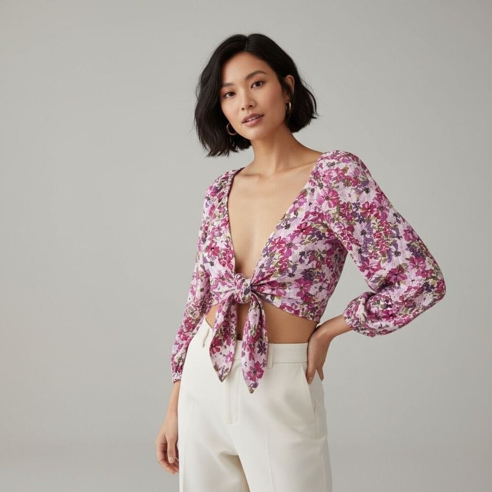 Amisu Floral Tie Front Crop‎ Top Medium Puff Sleeve V-Neck Cottagecore Boho